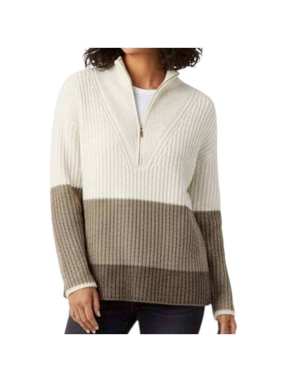 TALBOTS ZIP COLLAR SWEATER - BLOCKED STRIPE MEDIUM PETITE